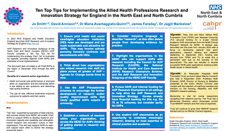 Ten Top Tips for Implementing the Allied Health Professions Research and Innovation Strategy for England in the North East and North Cumbria